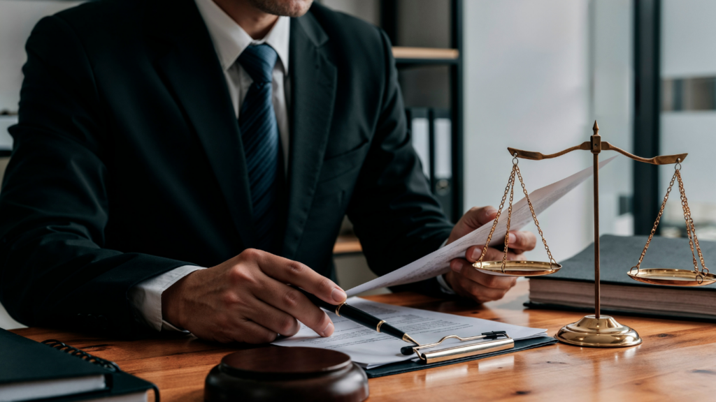 Lawyer reviewing legal documents at a desk with scales of justice and gavel nearby.